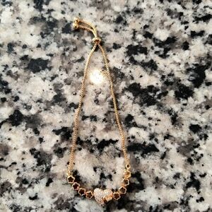 Gold Plated Adjustable Rhinestone And Heart Bracelet